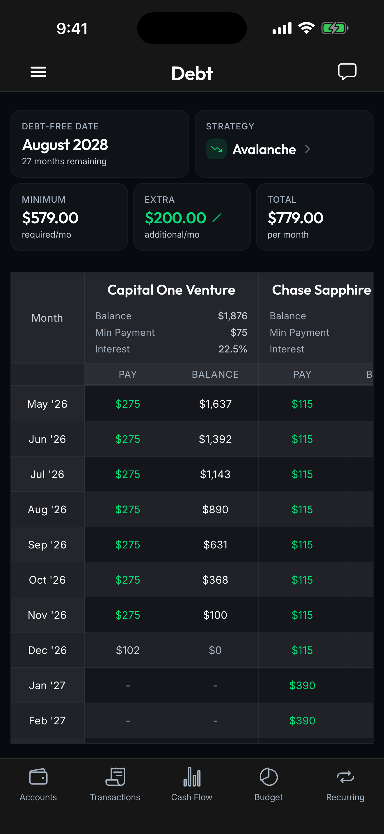 Spendify debt payoff plan with an exact debt-free date
