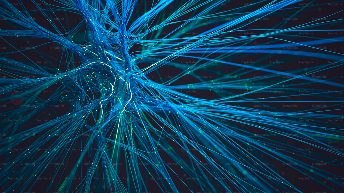 Abstract blue network of glowing light trails representing AI connecting to bank account data