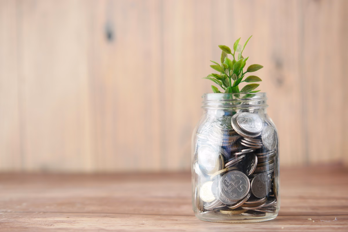 A glass jar filled with coins with a small plant growing from it