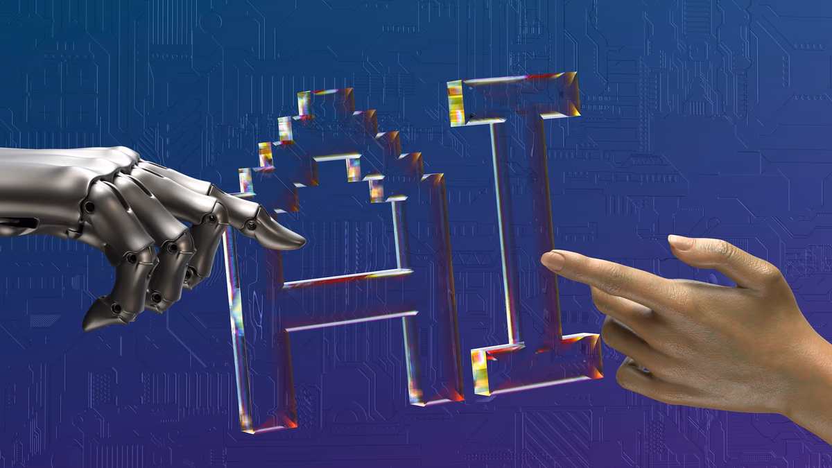 A robotic hand and a human hand reaching toward each other over a dark background