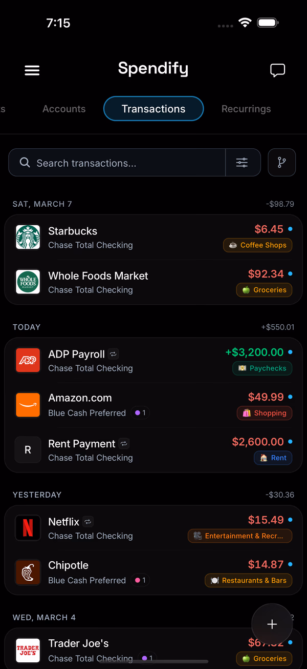 Spendify transaction list with merchant icons, categories, and daily totals